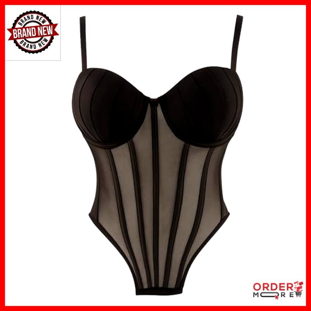 Sheer Mesh Corset Top with Pleated Cups Underwire Bustier Adjustable Straps - Picture 2 of 7